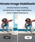 Comparison of image stabilization with Follow Me Drone With Camera And Self Flying Mode showing blurred and clear skateboarder.