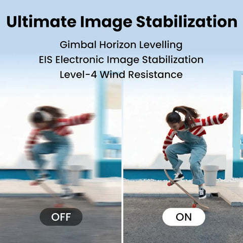 Comparison of image stabilization with Follow Me Drone With Camera And Self Flying Mode showing blurred and clear skateboarder.