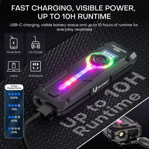 Flat EDC Flashlight Rechargeable With 1800 Lumens RGB And UV Light Magnetic Base USB-C charging with runtime details