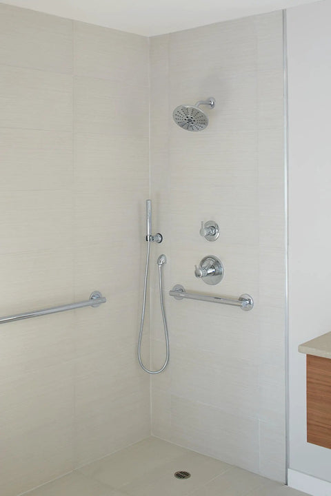 36 Inch Heavy Duty Bathroom Grab Bar With Stainless Steel Rail And Zinc Posts, Supports Up To 450 Lbs in a modern shower