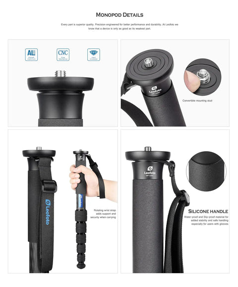 Carbon Fiber Monopod With Tilt Head Kit, 4-Section Stand, Arca-Swiss Compatible, showcasing handle, mounting stud, and silicone grip.