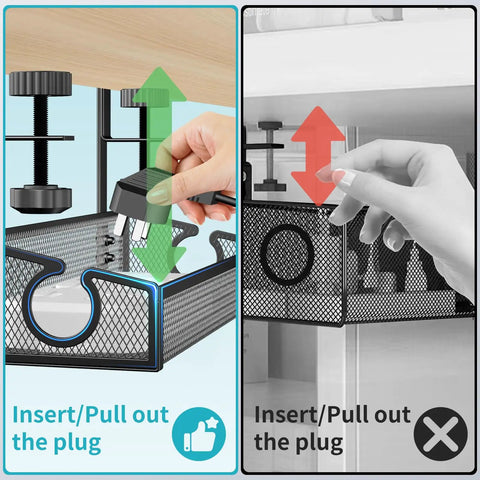 No Drill Desk Cable Tray With Clamp being used for plug management; under desk wire organizer in black for office and home use.