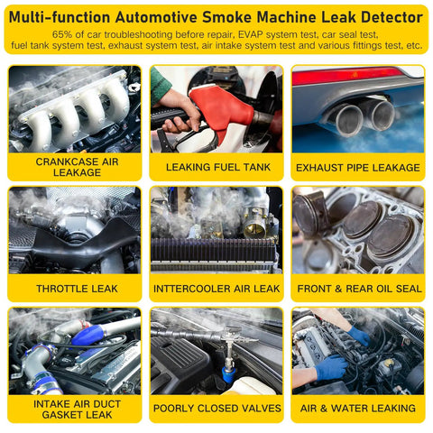 Automotive Smoke Machine Leak Detector With Built In Air Pump 12V DC EVAP Vacuum Diagnostic Tester For Pipe Systems Oil Or Glycerin Testing Pro Grade Leak Finder For EVAP Lines And Vacuum Hoses showcasing various automotive leak testing scenarios, including crankcase air leakage, leaking fuel tank, exhaust pipe leakage, and more.