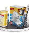 18-Inch Lazy Susan Turntable Organizer for Pantry and Cabinets Non-Skid Spinner with cleaning supplies, durable white and gray design