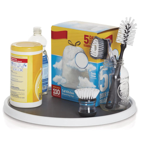 18-Inch Lazy Susan Turntable Organizer for Pantry and Cabinets Non-Skid Spinner with cleaning supplies, durable white and gray design