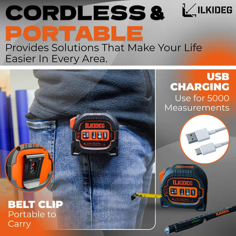 4-In-1 Digital Laser Tape Measure Multitool Pen With 196ft Laser Range And 16ft Tape Crosshair Line Laser Level Area Volume Pythagorean Calculator Handy Woodworking D I Y E D C Tool For Pros and Home Projects, belt clip
