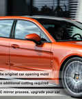 Side view of orange Porsche with Panamera Pillar Post Trim Kit For 2010-2016 Porsche Glossy Black Door Window B Pillar Covers installed