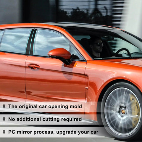Side view of orange Porsche with Panamera Pillar Post Trim Kit For 2010-2016 Porsche Glossy Black Door Window B Pillar Covers installed