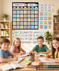 Pastel Classroom Calendar Chart With Pockets Set For Back To School displayed on wall with kids at table
