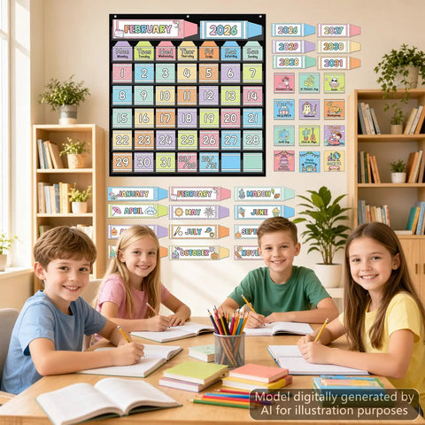 Pastel Classroom Calendar Chart With Pockets Set For Back To School displayed on wall with kids at table