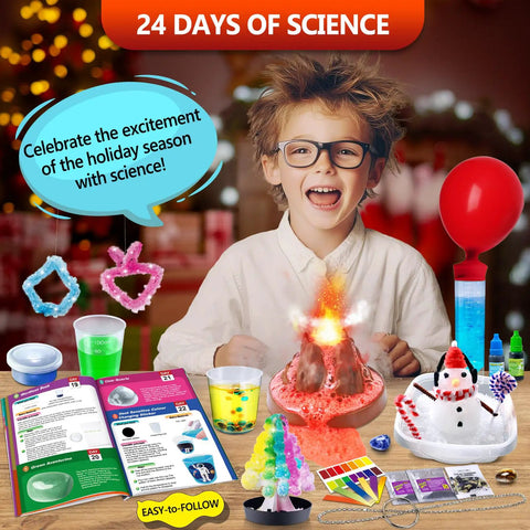 Child with 24 Day STEM Advent Calendar For Kids With All Inclusive Hands On Science Experiments Kit Featuring Volcano Chemistry Physics