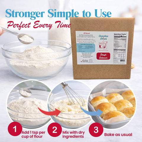 Dough Conditioner For Bread Baking 25 Lb Pack Boosts Rise Texture And Fluff Keeps Loaves Fresher Longer Ideal For Whole Wheat And White Bread Natural Bread Improver Powder shown with mixing steps