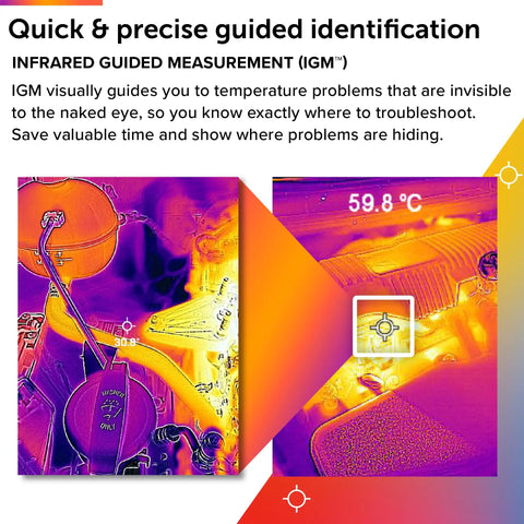 Infrared thermal image showing CM276 IGM Clamp Meter with METERLiNK identifying temperature issues in electrical components.