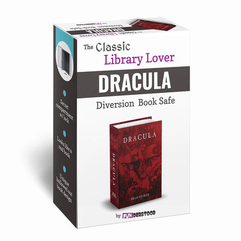 Gothic Faux Book Safe With Hidden Compartment And Combo Lock, Dracula-themed portable metal safe box packaging.
