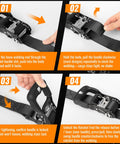Beefy Heavy Duty Ratchet Straps 4 Pack 1.5 Inch By 8 Foot Tie Downs operation steps with Safety S Hooks and Soft Loops.