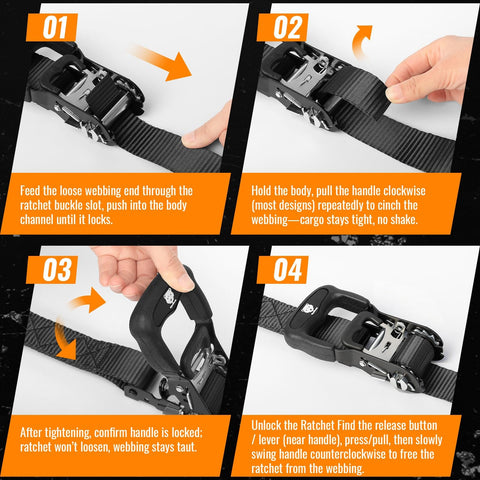 Beefy Heavy Duty Ratchet Straps 4 Pack 1.5 Inch By 8 Foot Tie Downs operation steps with Safety S Hooks and Soft Loops.