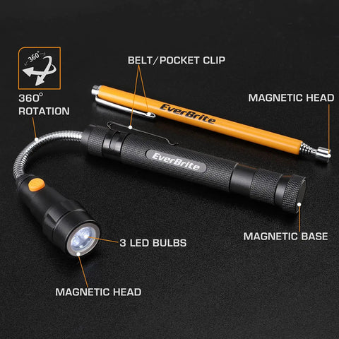 2 Piece Magnetic Pickup Tool Set With Telescoping Extendable Magnet, 360 Degree Swivel Head And LED Light, The Handy Garage Accessory Gift For Dads Moms Husbands Mechanics Or Anyone Who Drops Tiny Parts