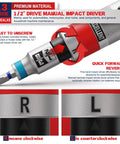 13 Piece Half Inch Drive Manual Impact Driver Kit With Reversible Hand Impact Screwdriver Set showing components and directions.