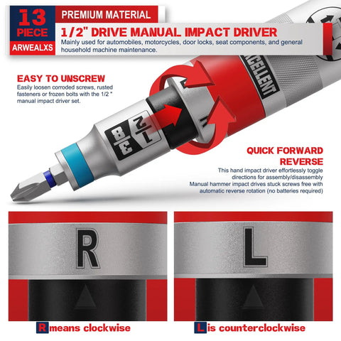 13 Piece Half Inch Drive Manual Impact Driver Kit With Reversible Hand Impact Screwdriver Set showing components and directions.
