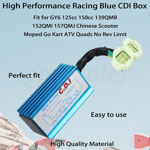 GY6 High Performance Racing CDI Box For 50cc To 150cc Chinese Scooters Go Karts ATVs And Mopeds Fits 139QMB 152QMI 157QMJ Engines Two And Four Pin Connectors AC Fired No Rev Limit Easy Install Durable Alloy Build