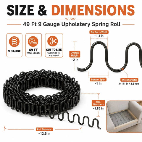 No Sweat Couch Fixes With This Heavy Duty 9 Gauge Upholstery Springs Roll 49 Foot High Carbon Steel dimensions and specifications infographic.