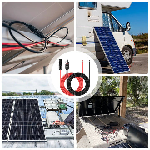 Outdoor Solar Panel Extension Cable 20 Feet Total With Red And Black 10 AWG Leads connecting to RV, rooftop, and garden setup.