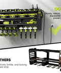 Rugged Power Tool Organizer Wall Mount With Charging Station, 4 Layer Heavy Duty Metal Tool Rack Holds 600 Lbs, 8 Cordless Drill Holders, 4 Outlet Power Strip, Battery And Accessory Shelf For Garage