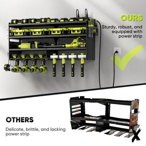 Rugged Power Tool Organizer Wall Mount With Charging Station, 4 Layer Heavy Duty Metal Tool Rack Holds 600 Lbs, 8 Cordless Drill Holders, 4 Outlet Power Strip, Battery And Accessory Shelf For Garage