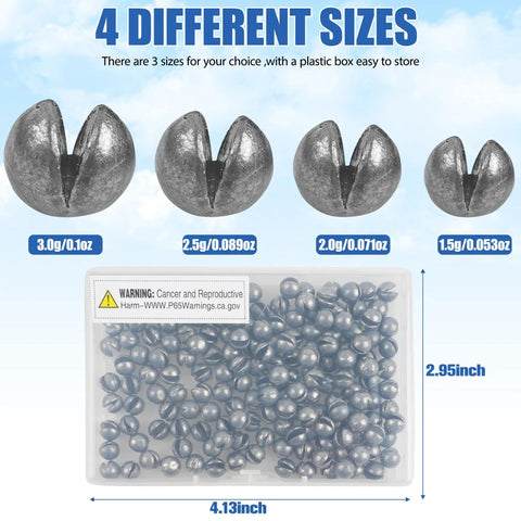 Removable Split Shot Weights For Fishing 1.8G 60Pcs Round Lead Sinker Set displayed in different sizes and storage box.