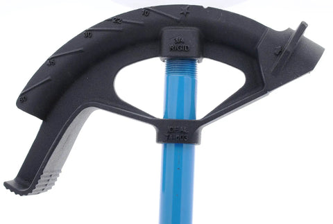 Heavy Duty Ductile Iron Conduit Bender With Handle For 1 In EMT And 3/4 In Rigid IMC Conduits, showing black bender head with blue handle