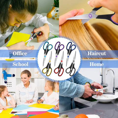 Six Pack Eight Inch Scissors With Sharp Stainless Steel Blades And Comfort Grip For Everyday Use Heavy Duty All Purpose Craft Scissors For Paper Cardstock Fabric Photos Ribbon Foam Cardboard shown in office, school, haircut and home use