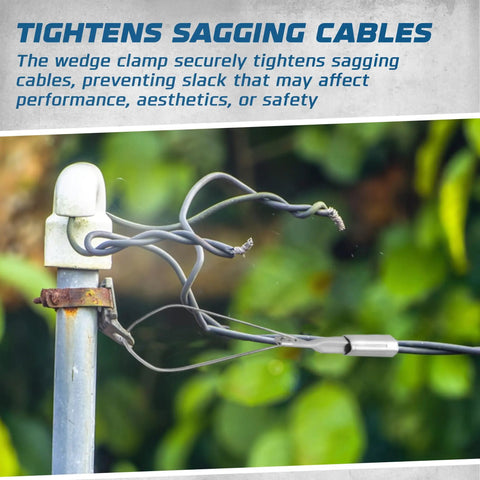 Image of Two Pack Aluminum Wedge Cable Clamps With Stainless Steel Ball Handle And Pro Grade Secure Locking System For Aerial Cable Tightening And Sag Prevention installed on a pole.