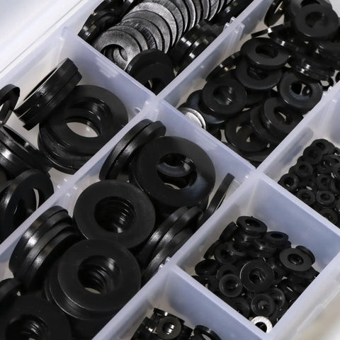 Do It All Nylon Washer Kit 720 Pieces Assortment From M2 To M12 Flat Washers For Bolts And Screws PA66 Nylon Insulation Friendly 9 Sizes Durable Hardware Set For Mechanical And Electrical Jobs in plastic compartment case.