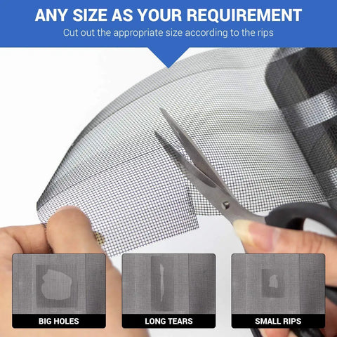 Cutting Easy Patch Window Screen Repair Kit With 4 Inch By 10 Foot Fiberglass Mesh Tape, showing tailored size flexibility.