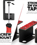 Under Desk Laptop Holder Mount With Adhesive And Screw In Install Holds Laptops Up To 1.8 Inches Thick Like MacBooks Surface Routers Modems Cable Boxes Keyboards And More In Metal Black with 3M VHB tape and screw mount options displayed.