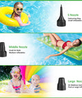 Three nozzle sizes for Beast Portable Electric Air Pump with images of children enjoying inflatables in a pool.
