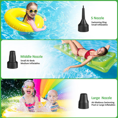 Three nozzle sizes for Beast Portable Electric Air Pump with images of children enjoying inflatables in a pool.