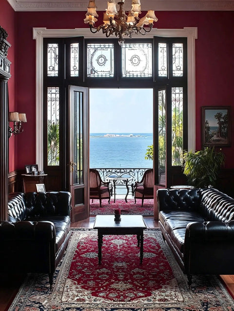 Living room with bay view, elegant decor, black leather sofas, and red accents creating a classic ambiance.
