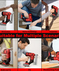 Heavy Duty 18 Gauge Cordless Brad Nailer And Stapler Kit displayed in various woodworking scenarios including decoration and DIY tasks.