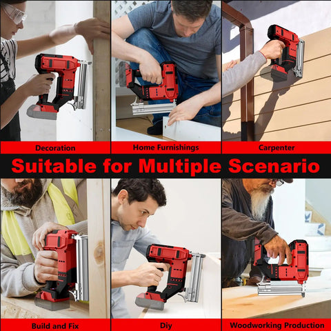 Heavy Duty 18 Gauge Cordless Brad Nailer And Stapler Kit displayed in various woodworking scenarios including decoration and DIY tasks.