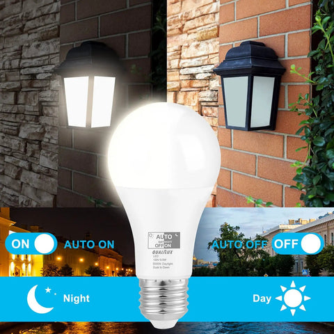 Dusk To Dawn A19 LED Light Bulb 850 Lumens Daylight Bright 60W Equivalent Energy Efficient 9.5W E26 Base showcasing auto on off