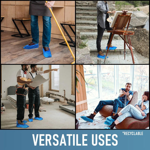 Collage of Disposable Shoe Covers For Indoors Pack Of 200 100 Pairs Non Slip Waterproof Durable CPE Material in use in various indoor settings.