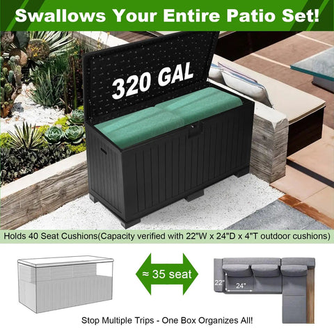 320 Gallon Resin Deck Box With Locking Lid Weatherproof Outdoor Storage For Pool Gear And Cushions Raised On Waterproof Foot Pads For Extra Water Resistance Large Black Patio Storage Chest