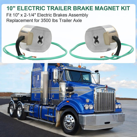Two 10-inch electric trailer brake magnets with green wires; 3500 lb axle kit, shown with a blue semi-truck.