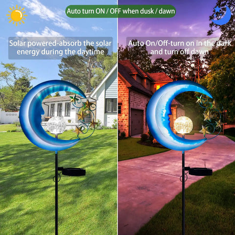 Solar Powered Outdoor Lights Moon And Star Garden Stake Decor for pathways and patio landscape lighting by day and night