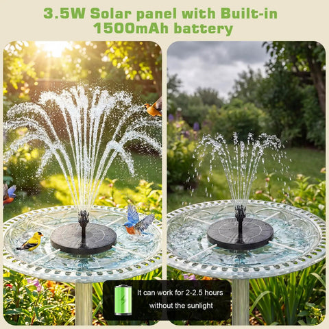 3.5W Solar Fountain Pump With Built In 1500mAh Battery, Bird Bath Fountain With 6 Nozzles in garden setting