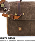 Top Tier Mens Messenger Bag Built Tough From Crazy Horse Leather And Hella Waterproof Waxed Canvas With Secure Compartments Fits 15.6 Inch Laptop For Daily Commute Work with magnetic button detail.
