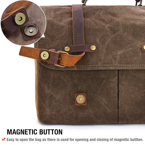 Top Tier Mens Messenger Bag Built Tough From Crazy Horse Leather And Hella Waterproof Waxed Canvas With Secure Compartments Fits 15.6 Inch Laptop For Daily Commute Work with magnetic button detail.
