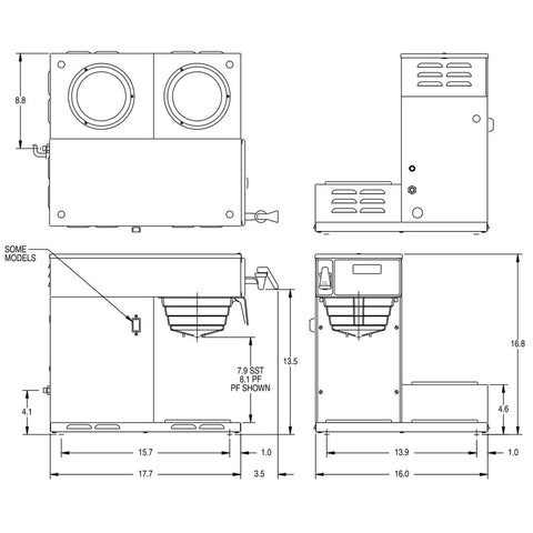 Diagram of Dual Voltage Commercial 12 Cup Coffee Maker With Back To Back Brews Three Warmers Large 200 Oz Tank Programmable Brew Level And Temperature Cold Brew Lockout Grey Finish Built For Busy Cafes And Offices.