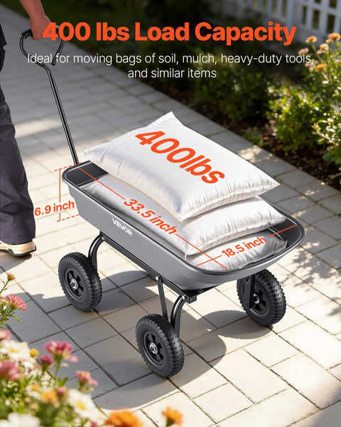 Side view of Heavy Duty Workhorse 400Lb Capacity Wheelbarrow Dump Cart With 8 Inch Flat Free Tires And Quick Release Dump System